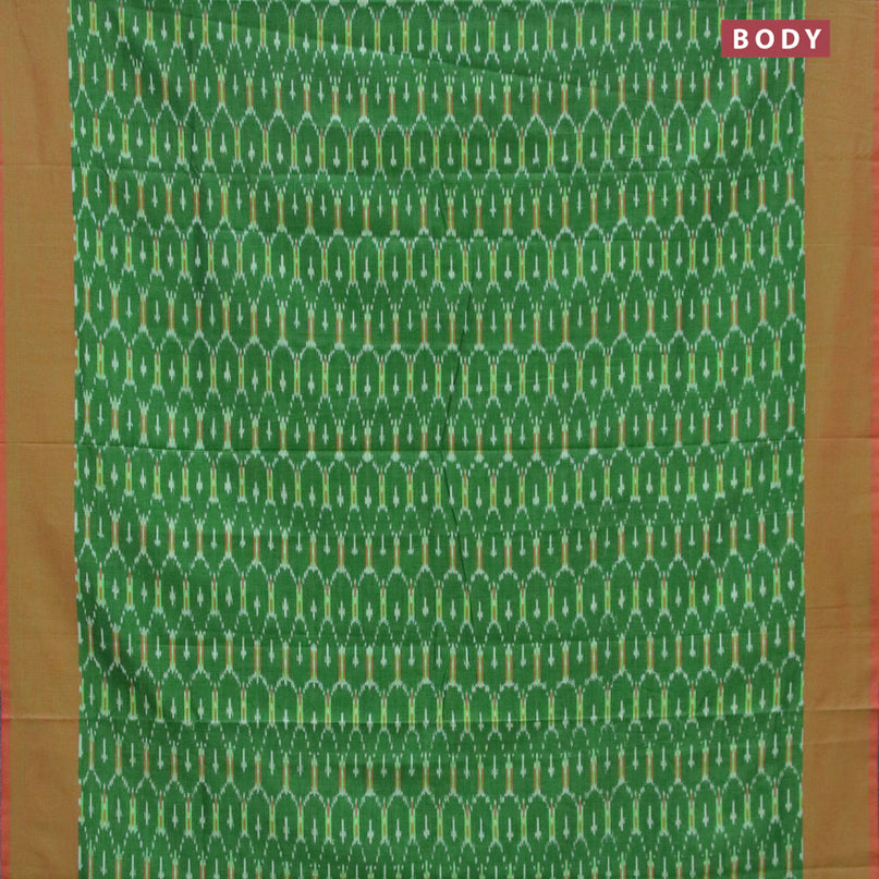 Ikat cotton saree green and red shade with allover ikat weaves and simple border without blouse