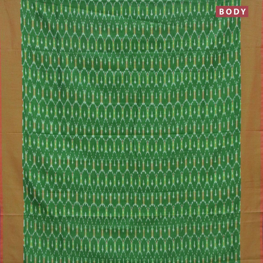 Ikat cotton saree green and red shade with allover ikat weaves and simple border without blouse