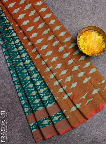 Ikat cotton saree peacock green and red shade with allover ikat weaves and simple border without blouse