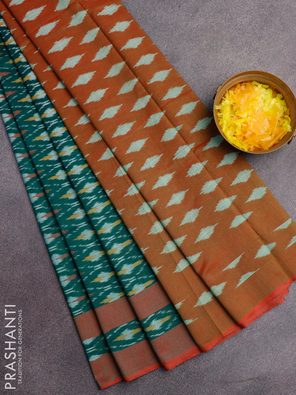 Ikat cotton saree peacock green and red shade with allover ikat weaves and simple border without blouse