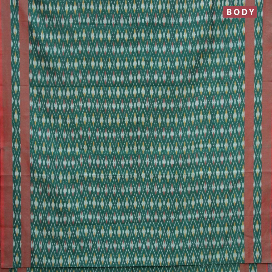 Ikat cotton saree peacock green and red shade with allover ikat weaves and simple border without blouse