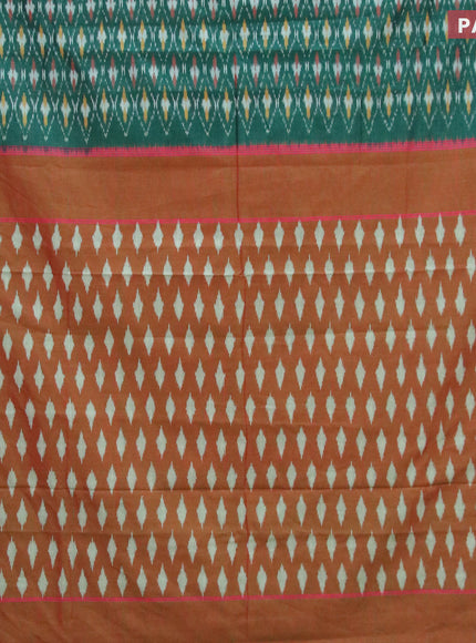 Ikat cotton saree peacock green and red shade with allover ikat weaves and simple border without blouse