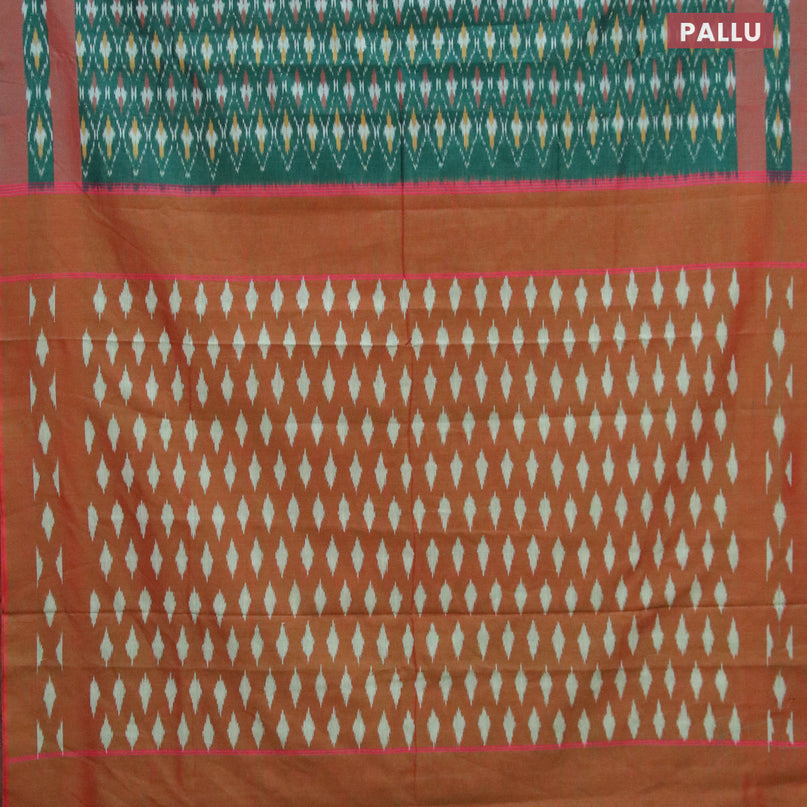 Ikat cotton saree peacock green and red shade with allover ikat weaves and simple border without blouse