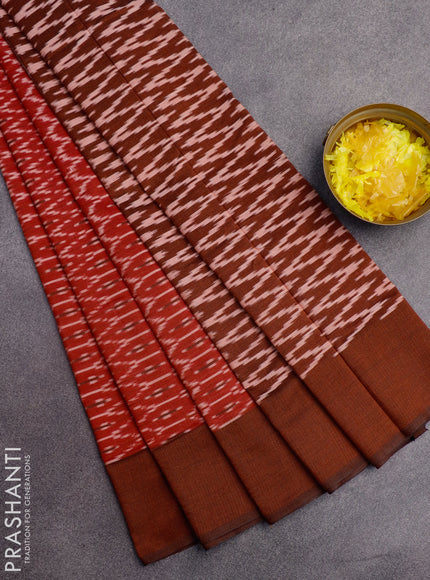 Ikat cotton saree red and rust shade with allover ikat weaves and simple border without blouse