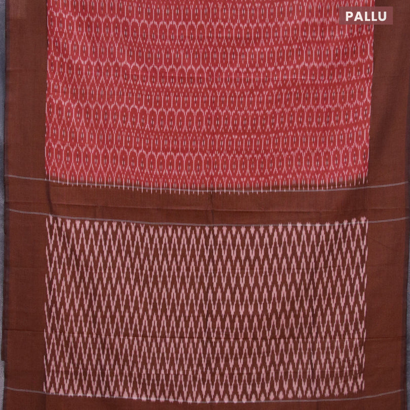 Ikat cotton saree red and rust shade with allover ikat weaves and simple border without blouse