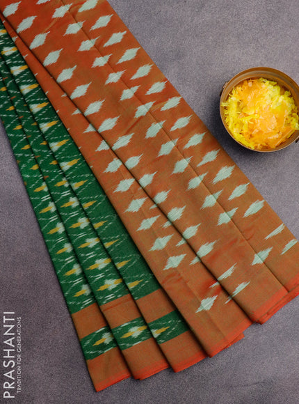 Ikat cotton saree green and red shade with allover ikat weaves and simple border without blouse