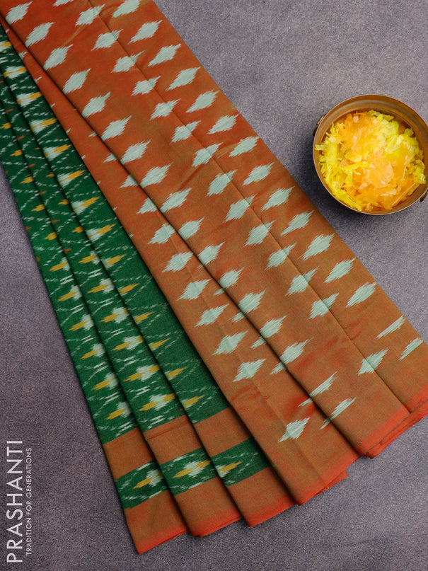 Ikat cotton saree green and red shade with allover ikat weaves and simple border without blouse