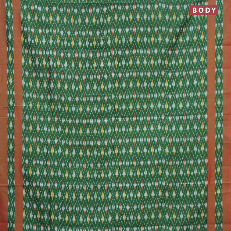 Ikat cotton saree green and red shade with allover ikat weaves and simple border without blouse