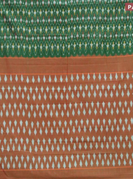 Ikat cotton saree green and red shade with allover ikat weaves and simple border without blouse