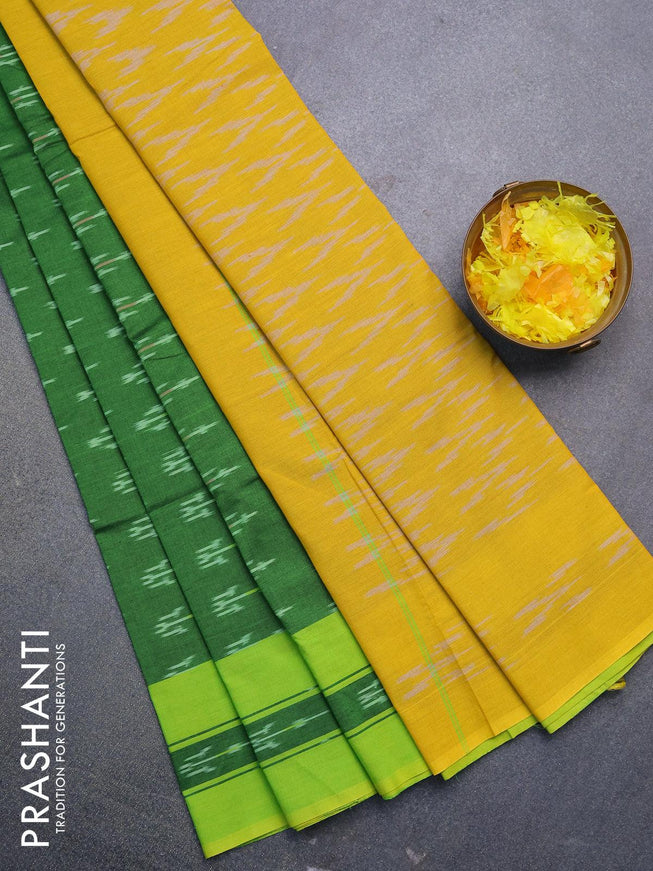 Ikat cotton saree green and light green with ikat butta wevaes and simple border without blouse