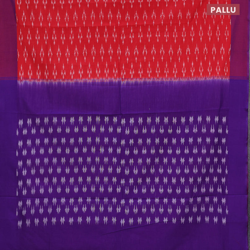 Ikat cotton saree red and dual shade of blue with ikat butta wevaes and simple border without blouse