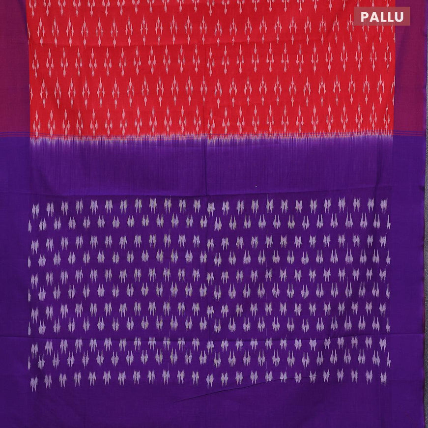 Ikat cotton saree red and dual shade of blue with ikat butta wevaes and simple border without blouse