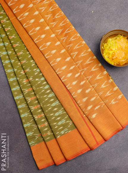 Ikat cotton saree lime green and dual shade of mustard with allover ikat weaves and simple border without blouse