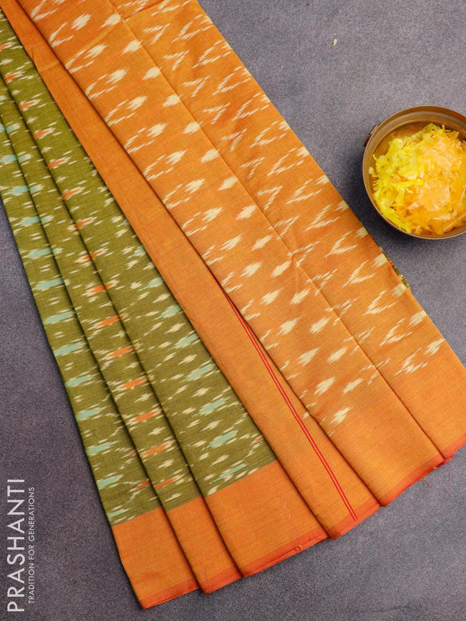 Ikat cotton saree lime green and dual shade of mustard with allover ikat weaves and simple border without blouse