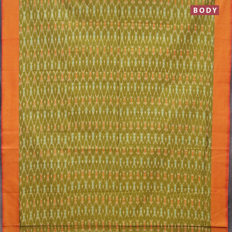 Ikat cotton saree lime green and dual shade of mustard with allover ikat weaves and simple border without blouse