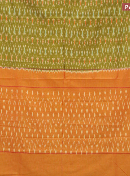 Ikat cotton saree lime green and dual shade of mustard with allover ikat weaves and simple border without blouse