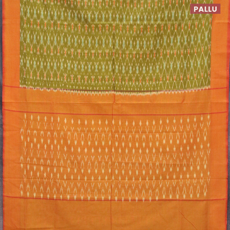 Ikat cotton saree lime green and dual shade of mustard with allover ikat weaves and simple border without blouse