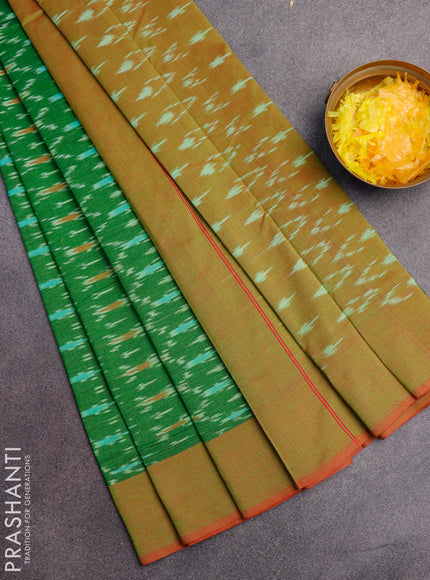 Ikat cotton saree green and red shade with allover ikat weaves and simple border without blouse