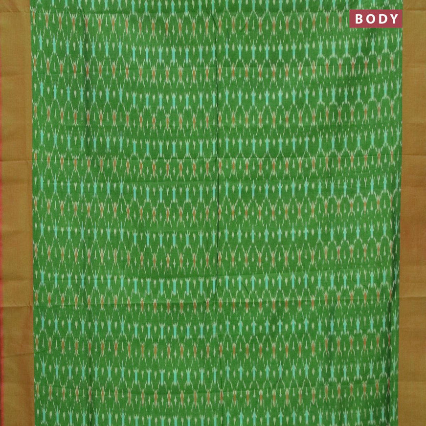 Ikat cotton saree green and red shade with allover ikat weaves and simple border without blouse