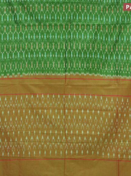 Ikat cotton saree green and red shade with allover ikat weaves and simple border without blouse