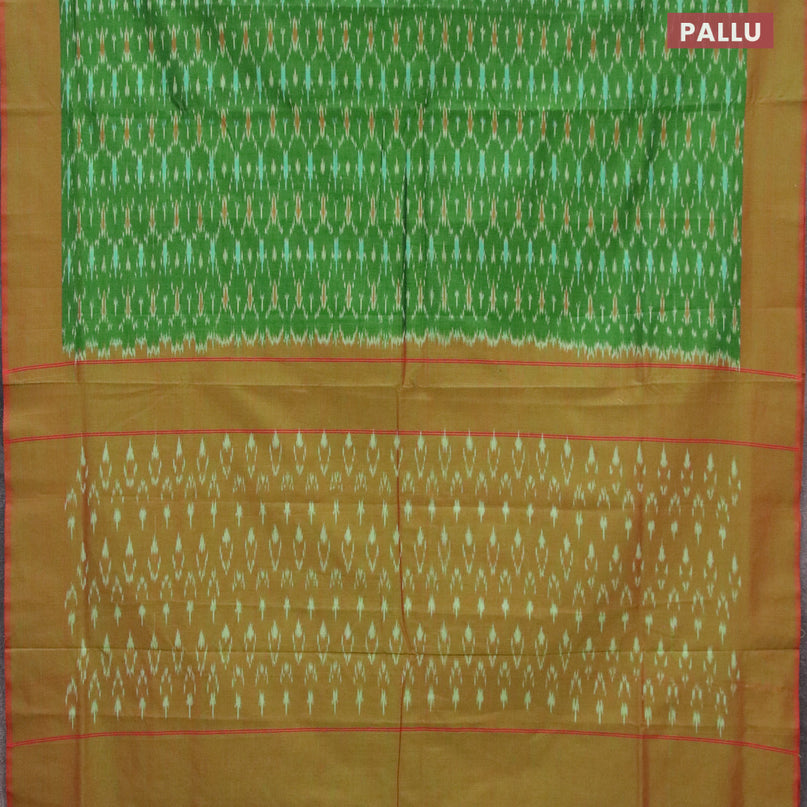 Ikat cotton saree green and red shade with allover ikat weaves and simple border without blouse