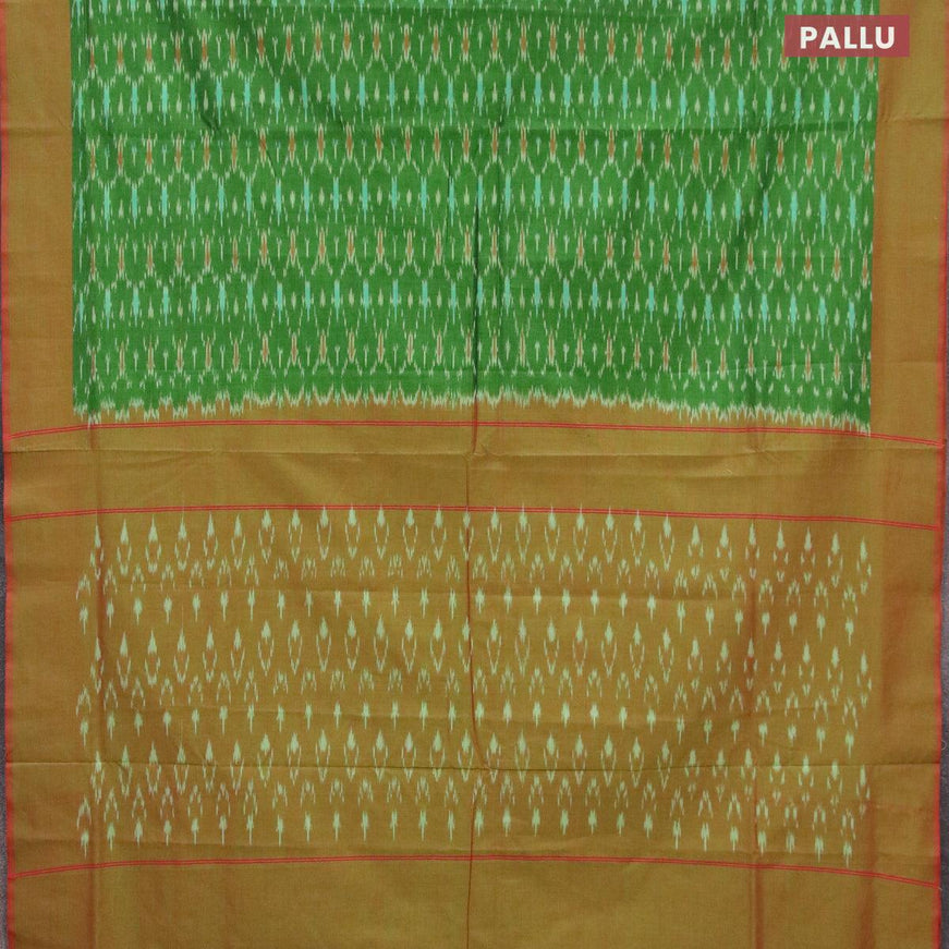 Ikat cotton saree green and red shade with allover ikat weaves and simple border without blouse