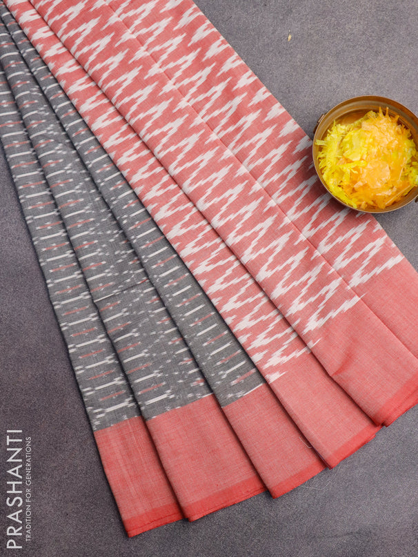 Ikat cotton saree grey and red with allover ikat weaves and simple border without blouse