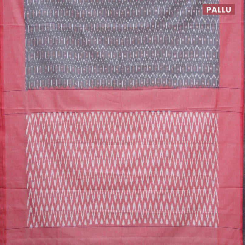 Ikat cotton saree grey and red with allover ikat weaves and simple border without blouse