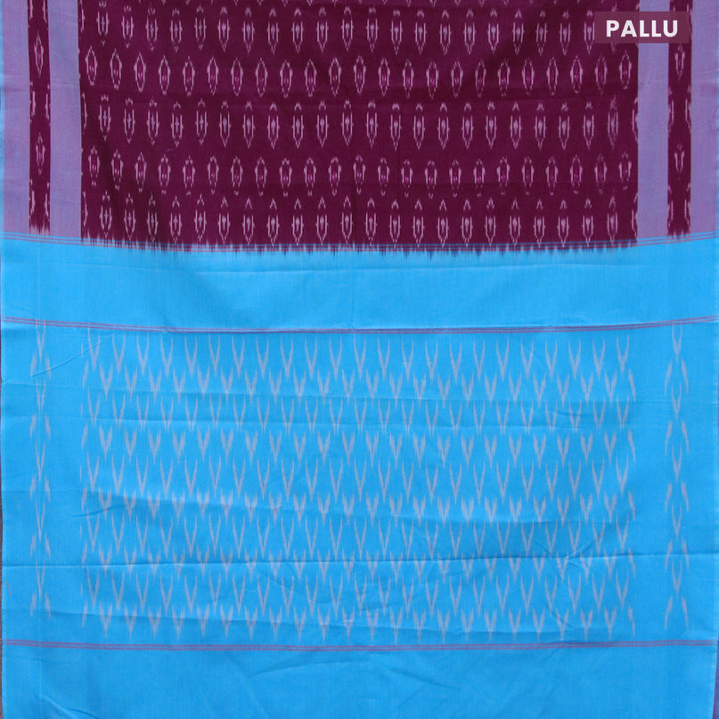 Ikat cotton saree dark magenta pink and cs blue with allover ikat weaves and simple border without blouse