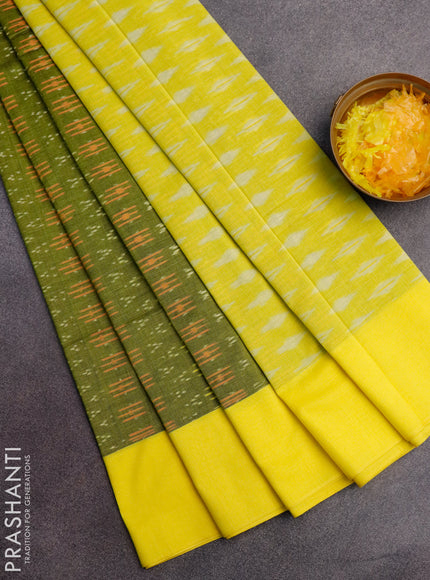 Ikat cotton saree green and lime yellow with allover ikat weaves and simple border without blouse