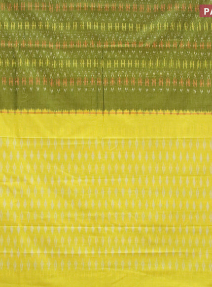 Ikat cotton saree green and lime yellow with allover ikat weaves and simple border without blouse