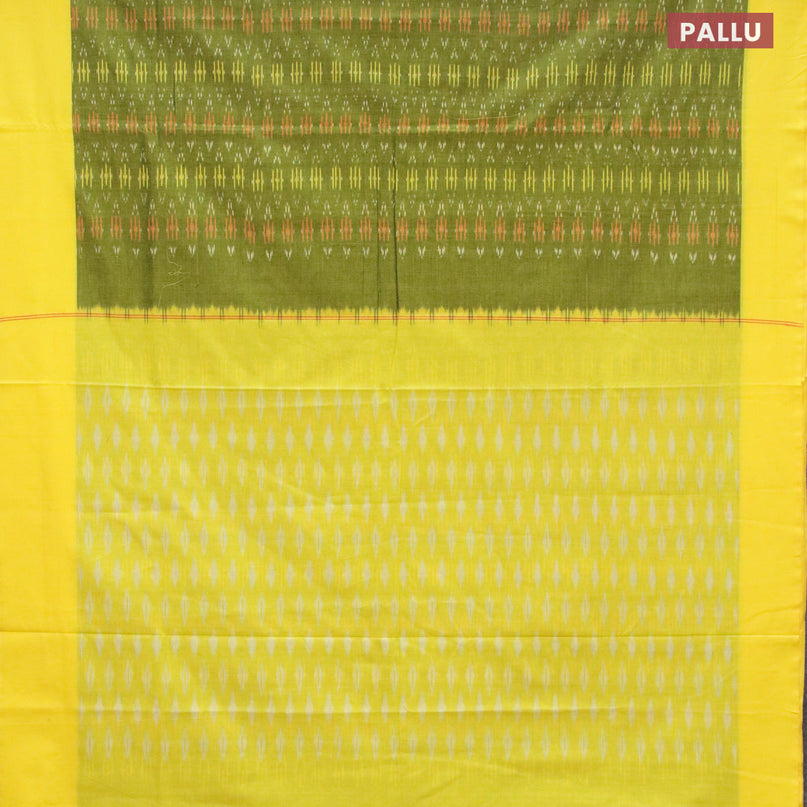 Ikat cotton saree green and lime yellow with allover ikat weaves and simple border without blouse