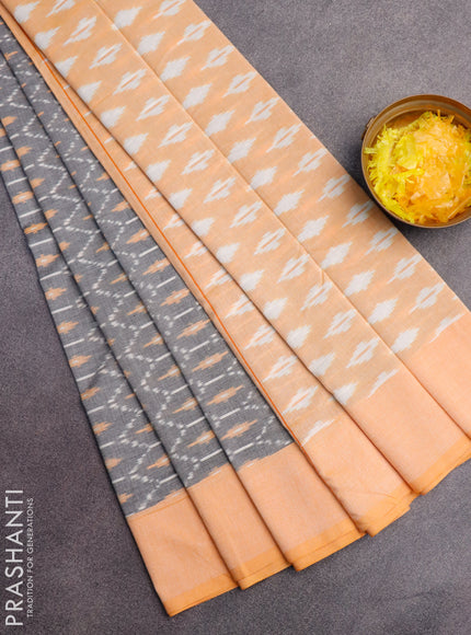 Ikat cotton saree grey and pale orange with allover ikat weaves and simple border without blouse