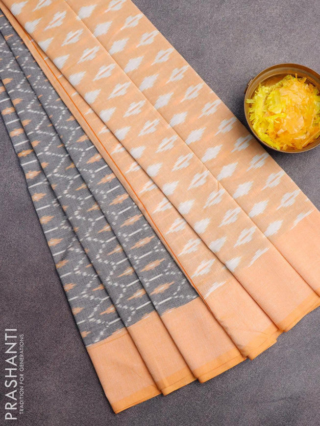 Ikat cotton saree grey and pale orange with allover ikat weaves and simple border without blouse