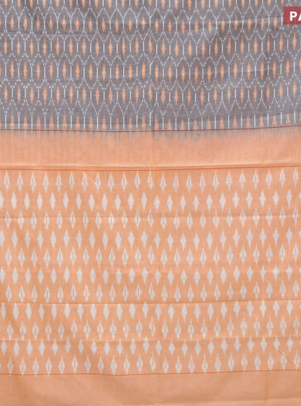 Ikat cotton saree grey and pale orange with allover ikat weaves and simple border without blouse