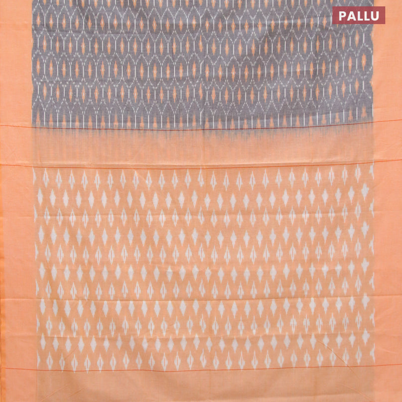 Ikat cotton saree grey and pale orange with allover ikat weaves and simple border without blouse