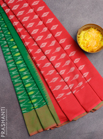 Ikat cotton saree green and dual shade of pink with allover ikat weaves and simple border without blouse