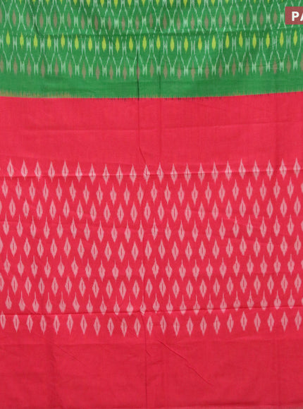 Ikat cotton saree green and dual shade of pink with allover ikat weaves and simple border without blouse