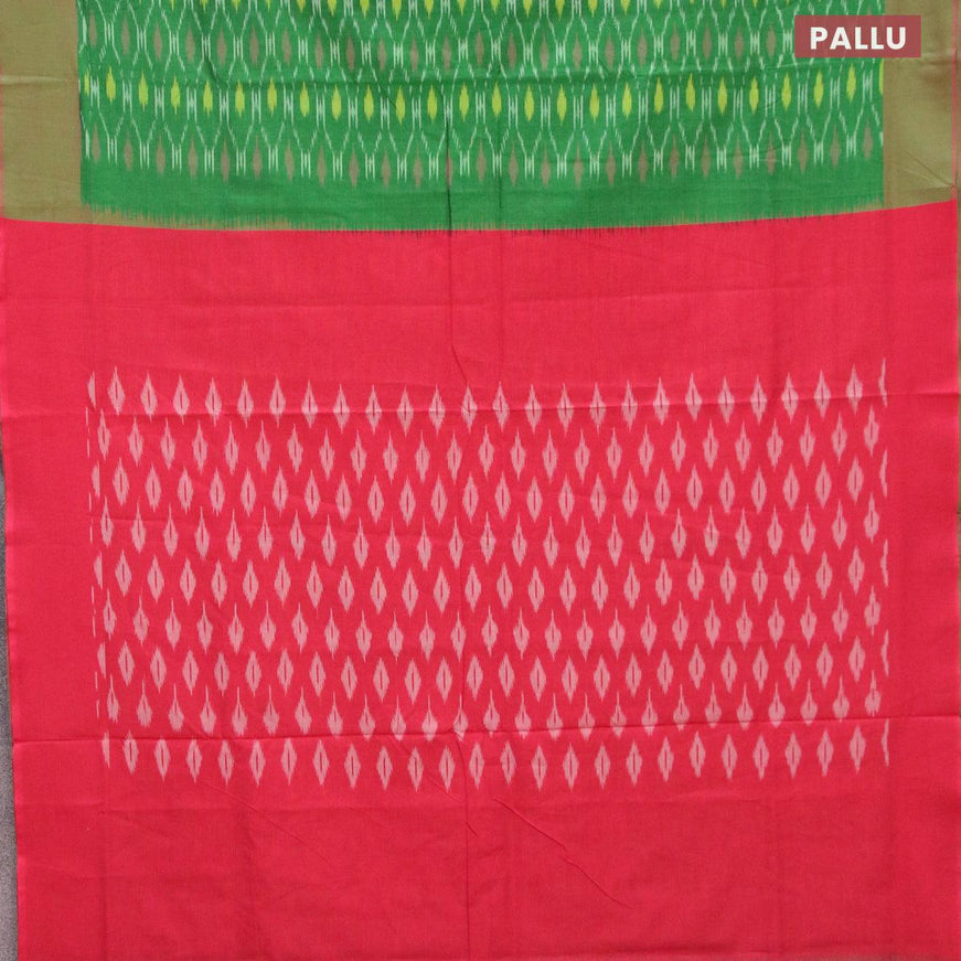 Ikat cotton saree green and dual shade of pink with allover ikat weaves and simple border without blouse