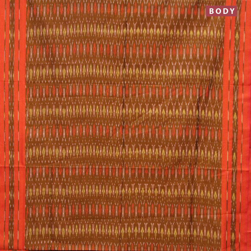 Ikat cotton saree dark mustard and dual shade of pinkish orange with allover ikat weaves and simple border without blouse