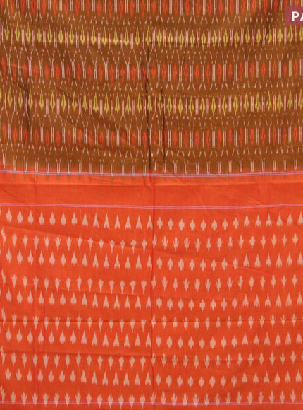 Ikat cotton saree dark mustard and dual shade of pinkish orange with allover ikat weaves and simple border without blouse