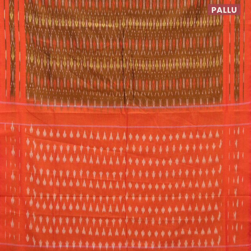 Ikat cotton saree dark mustard and dual shade of pinkish orange with allover ikat weaves and simple border without blouse