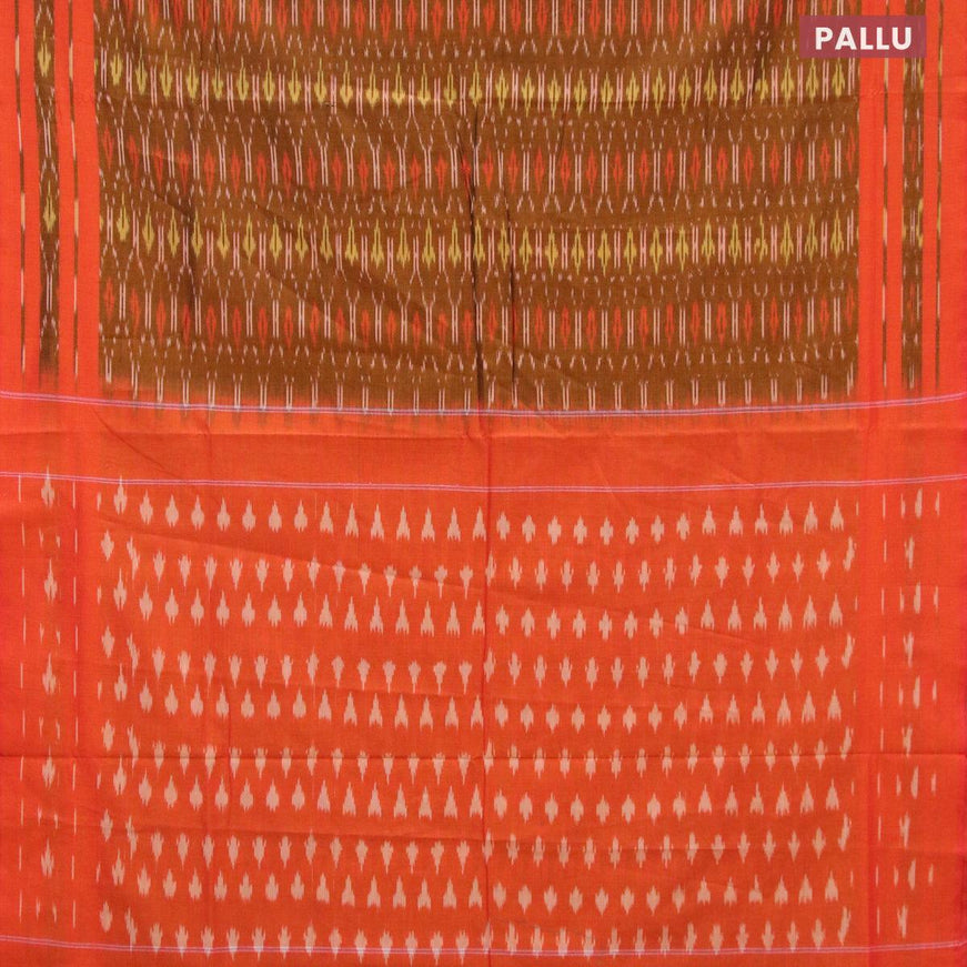 Ikat cotton saree dark mustard and dual shade of pinkish orange with allover ikat weaves and simple border without blouse