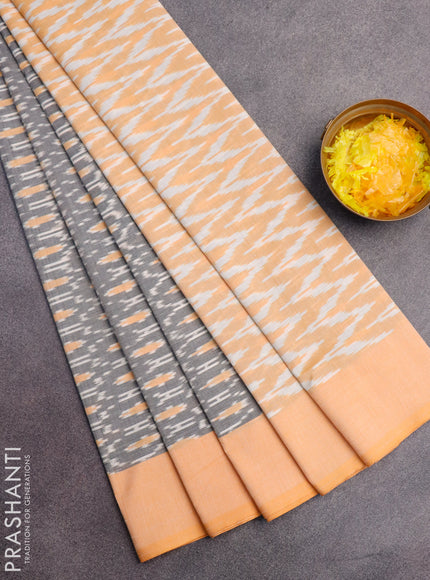 Ikat cotton saree grey and pale orange with allover ikat weaves and simple border without blouse