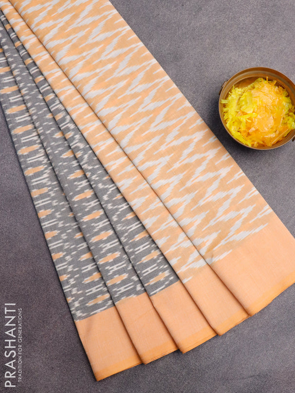 Ikat cotton saree grey and pale orange with allover ikat weaves and simple border without blouse