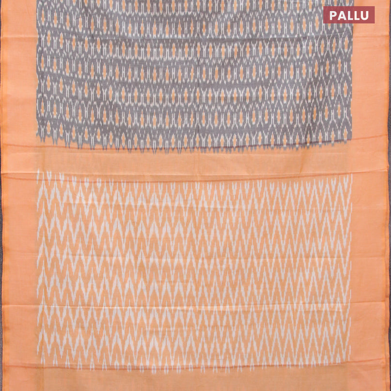 Ikat cotton saree grey and pale orange with allover ikat weaves and simple border without blouse