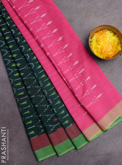 Ikat cotton saree bottle green and pink with allover ikat weaves and simple border without blouse