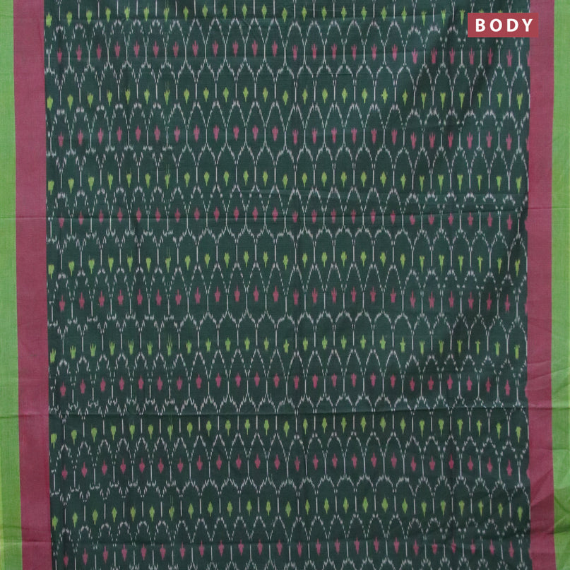 Ikat cotton saree bottle green and pink with allover ikat weaves and simple border without blouse