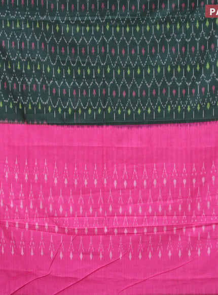 Ikat cotton saree bottle green and pink with allover ikat weaves and simple border without blouse