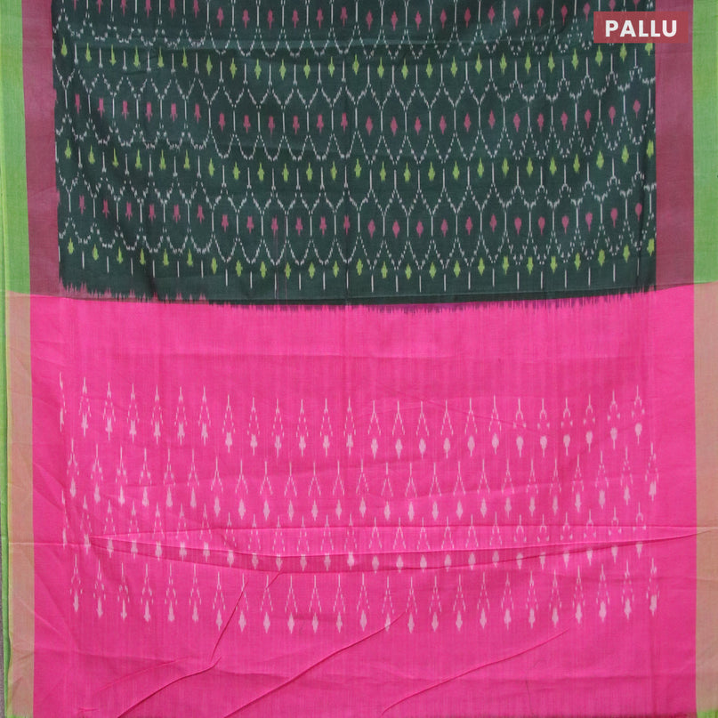 Ikat cotton saree bottle green and pink with allover ikat weaves and simple border without blouse